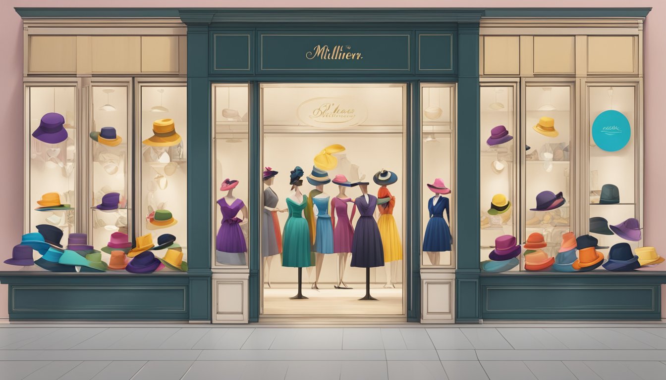 A bustling milliner brand storefront with colorful hats on display and a sign with elegant script