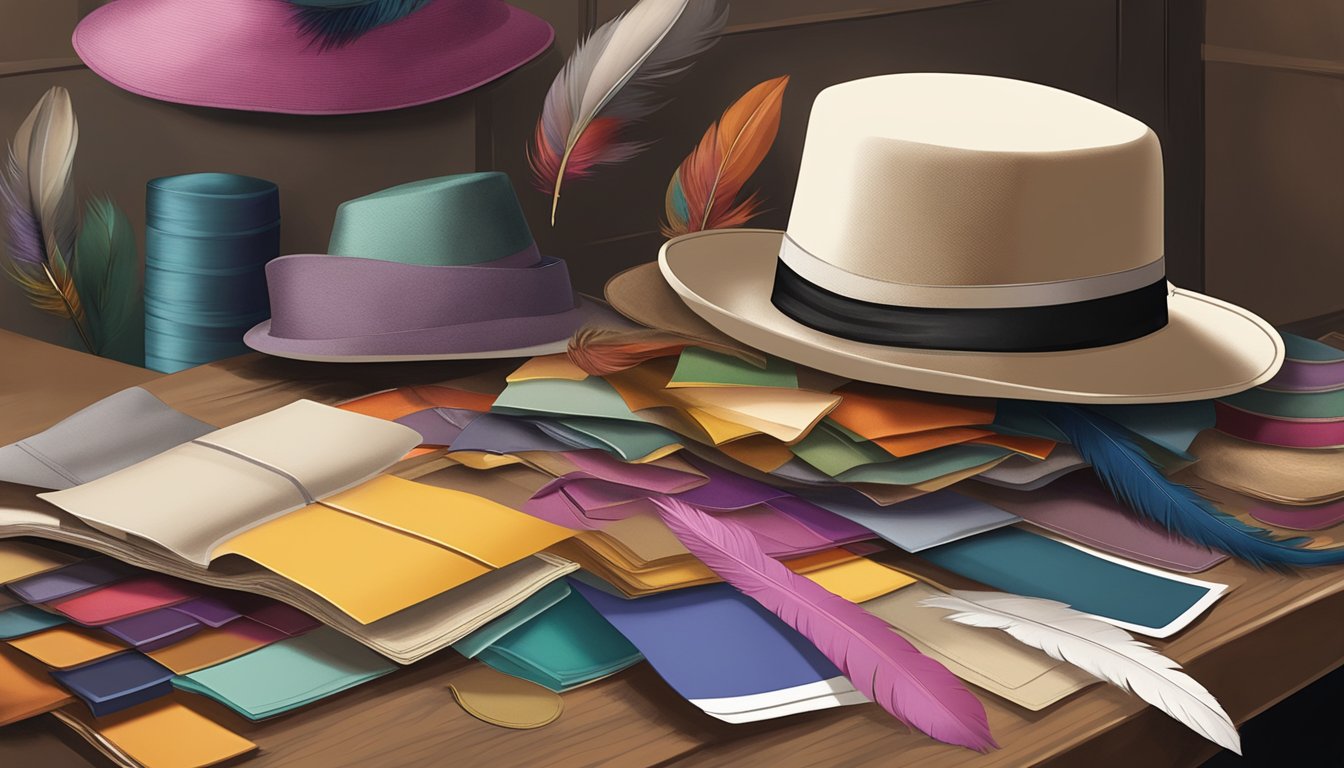 A cluttered worktable displays colorful ribbons, feathers, and fabric swatches. A vintage hat form stands ready for embellishment. The Art of Millinery logo adorns the wall