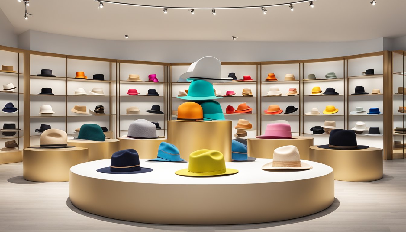 A display of iconic milliner brands and designer hats arranged on pedestals in a bright, elegant showroom