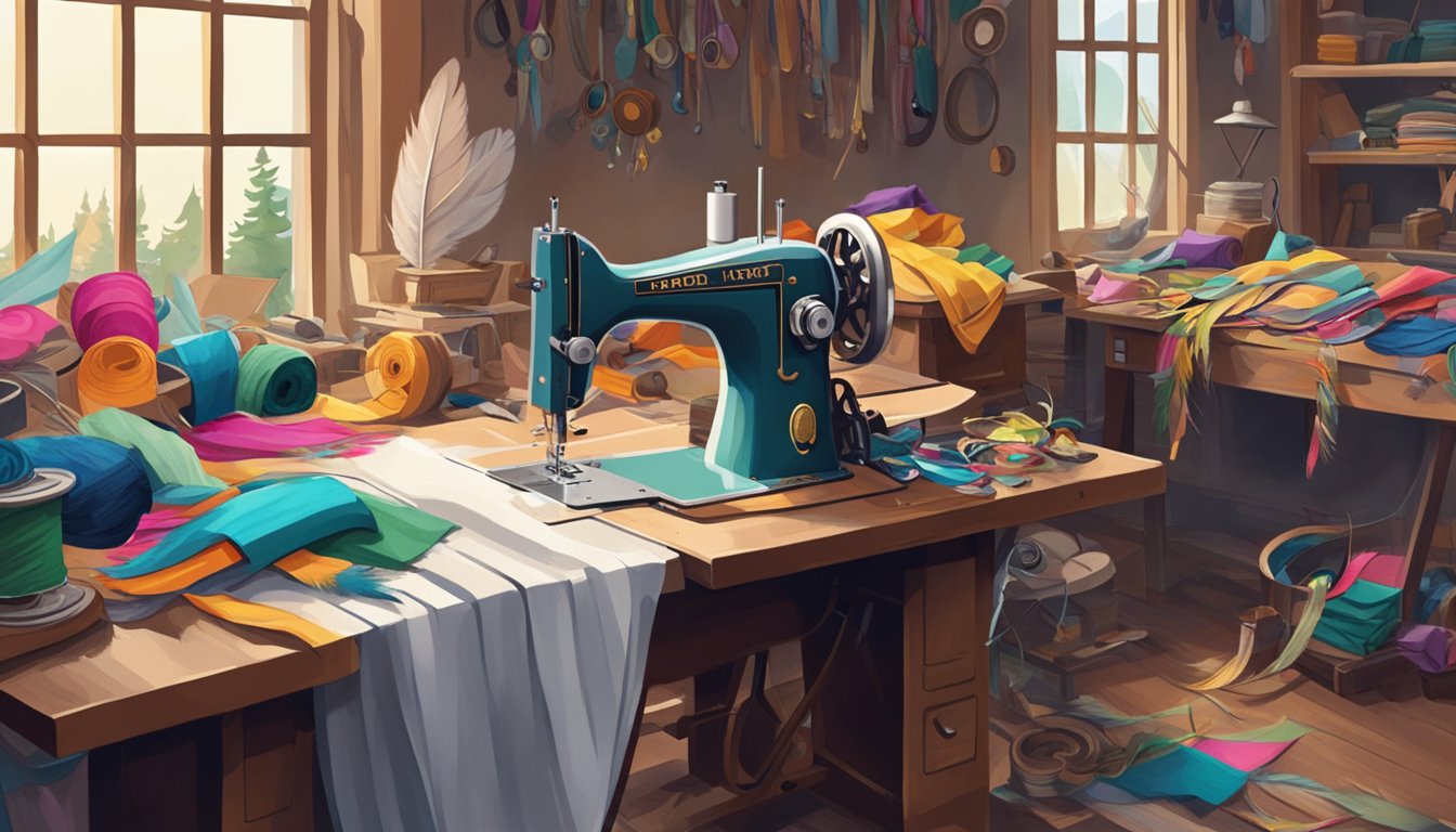 A bustling workshop with colorful fabrics, ribbons, and feathers scattered around, while a vintage sewing machine hums in the background