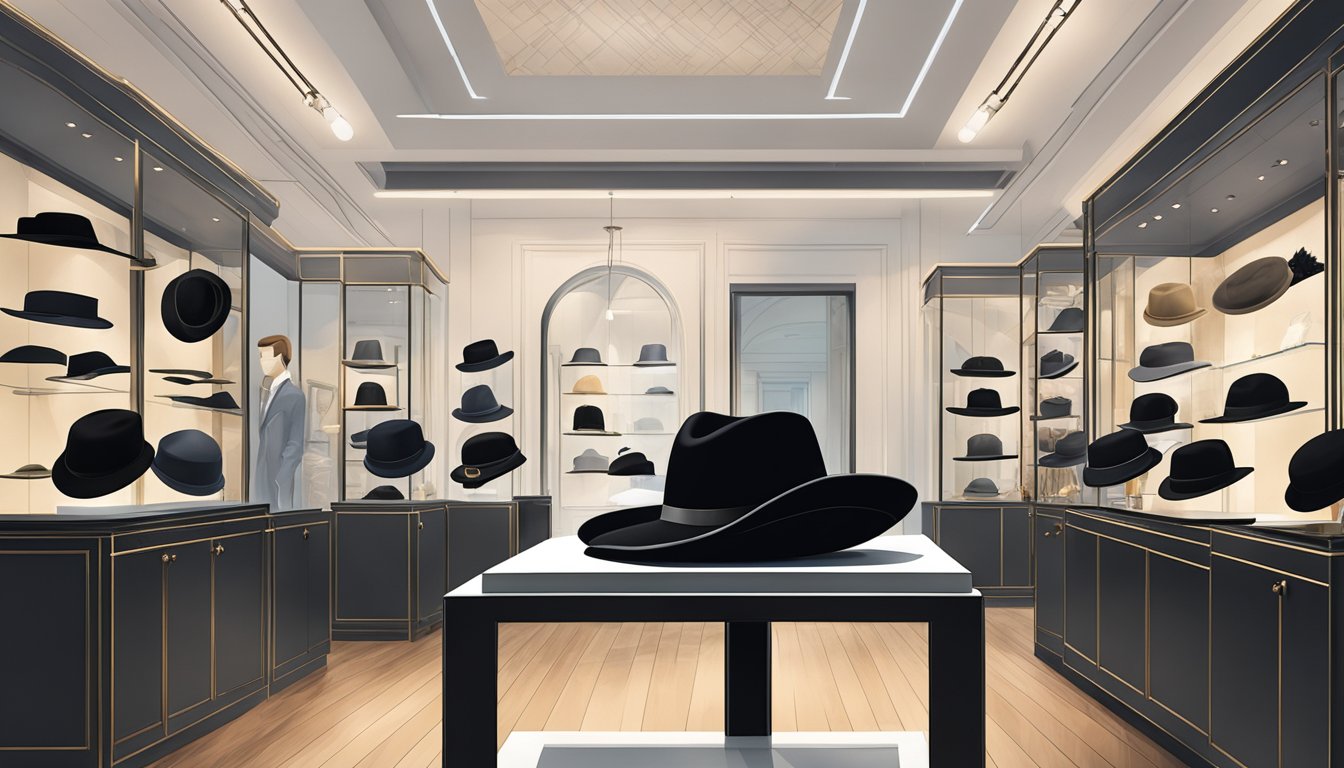 A hand reaches for a sleek black hat on a display stand, surrounded by other stylish headwear in a well-lit boutique