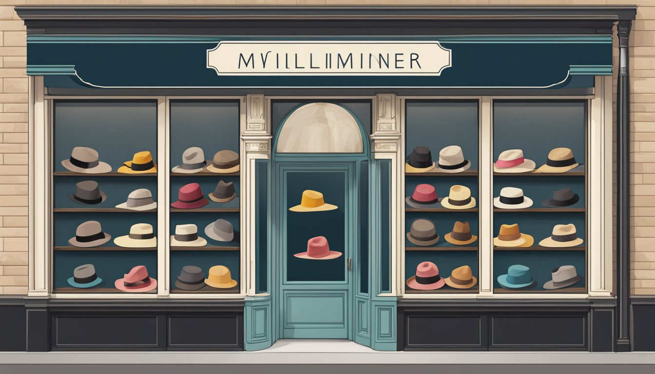 A stylish milliner brand's logo displayed on a sign outside a boutique shop, with a row of elegant hats showcased in the window