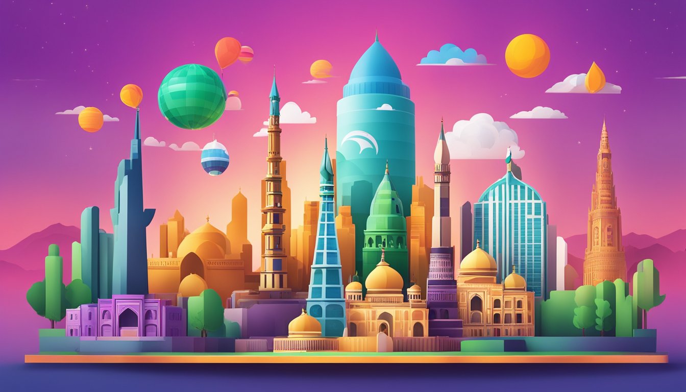 Various mobile brands logos displayed on a vibrant backdrop, with Pakistani landmarks in the background