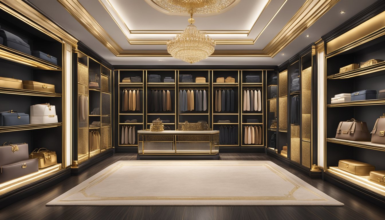 Luxury clothing labels displayed on velvet shelves with gold accents, surrounded by opulent decor and soft lighting