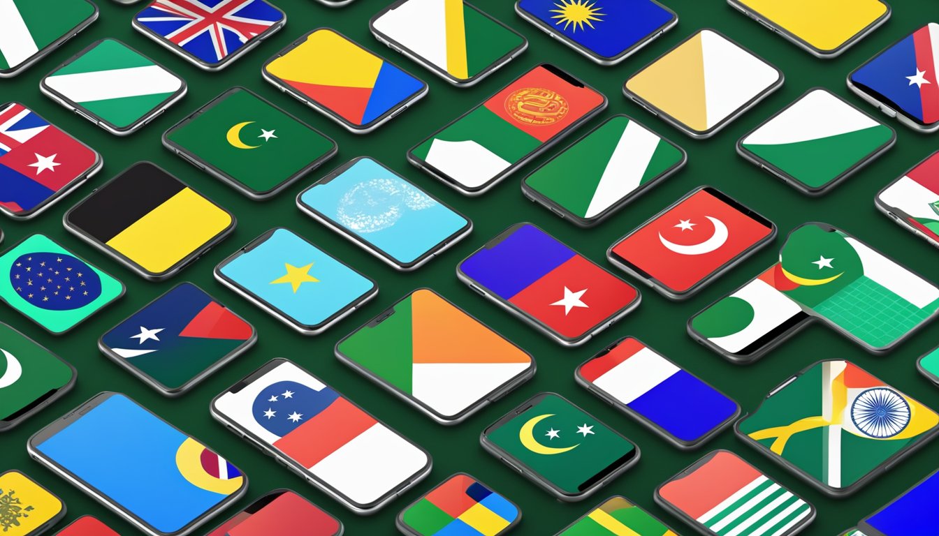 A row of smartphones with "Frequently Asked Questions" displayed on their screens, surrounded by the flags of Pakistan