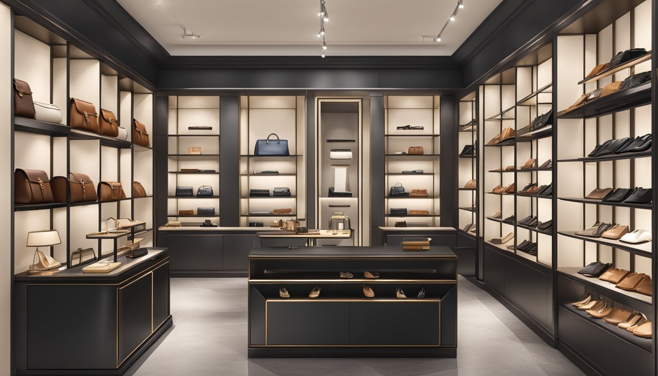 Luxury leather goods displayed in a sleek, modern boutique. Exquisite handbags, wallets, and accessories are showcased on pristine shelves, exuding exclusivity and opulence