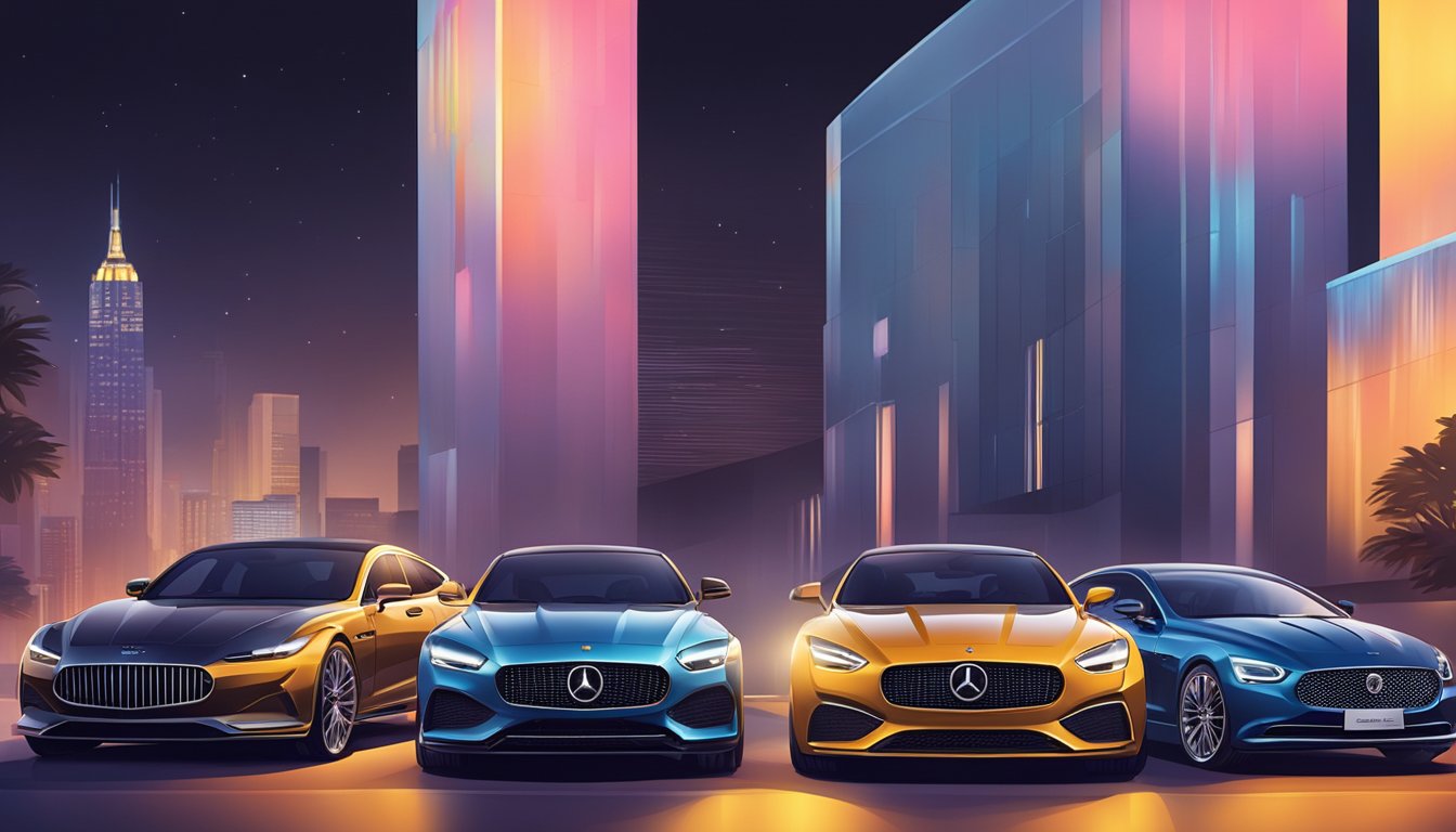 A lineup of top luxury car brands, gleaming under bright lights, showcasing their sleek designs and exquisite craftsmanship
