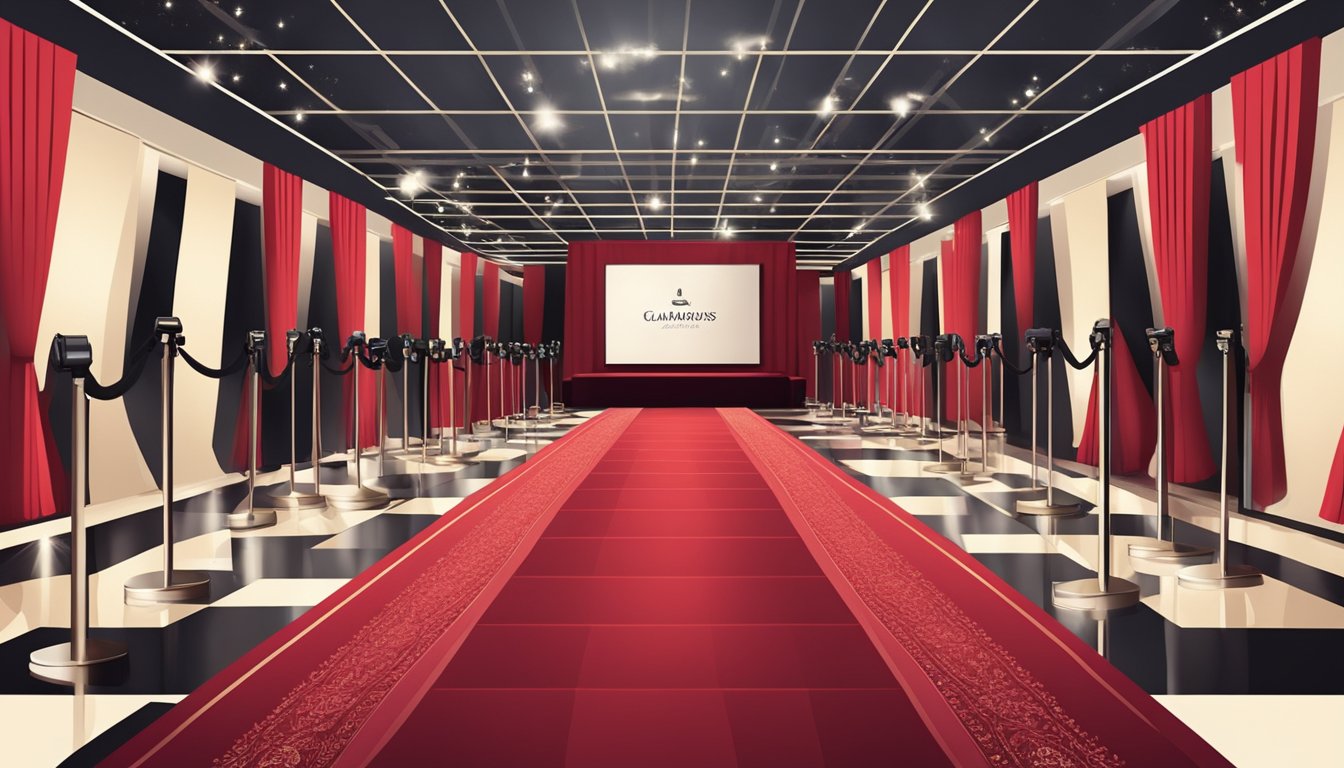 A red carpet event with paparazzi, flashing cameras, and luxury clothing brands on display. Celebrity endorsements and film posters add to the glamorous atmosphere