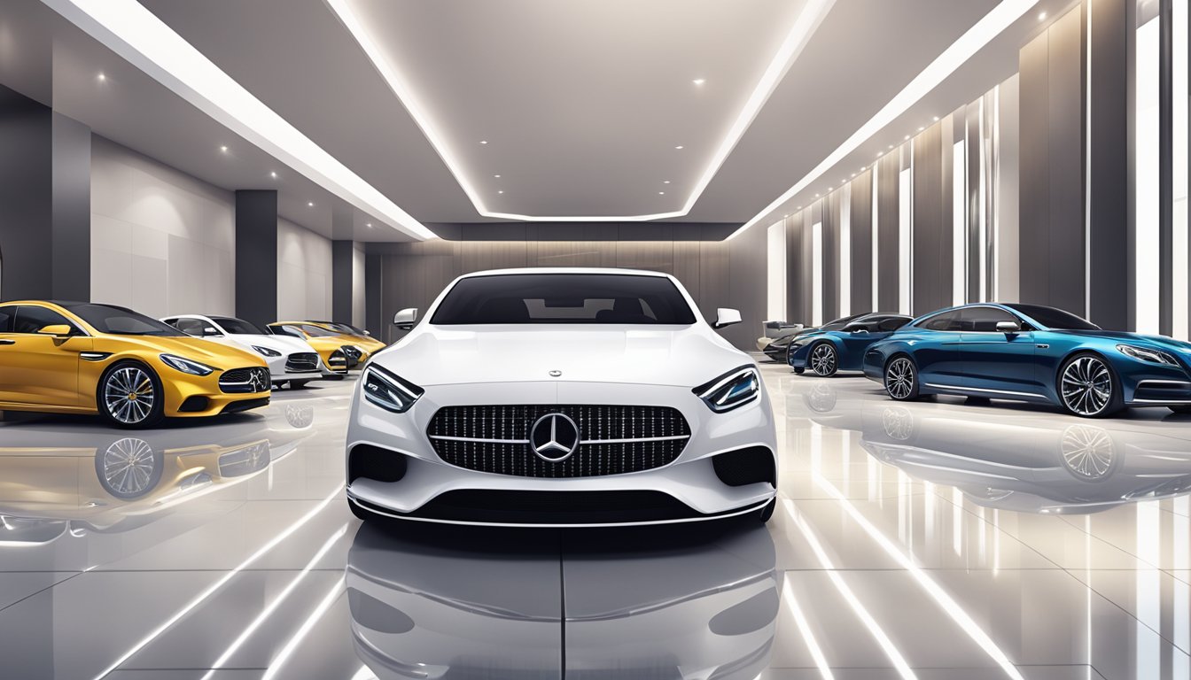 A sleek, high-end car showroom with polished marble floors, soft ambient lighting, and rows of gleaming luxury vehicles from top brands