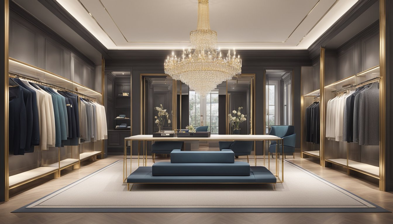 Luxury clothing brands displayed in a high-end boutique setting with elegant decor and sophisticated lighting