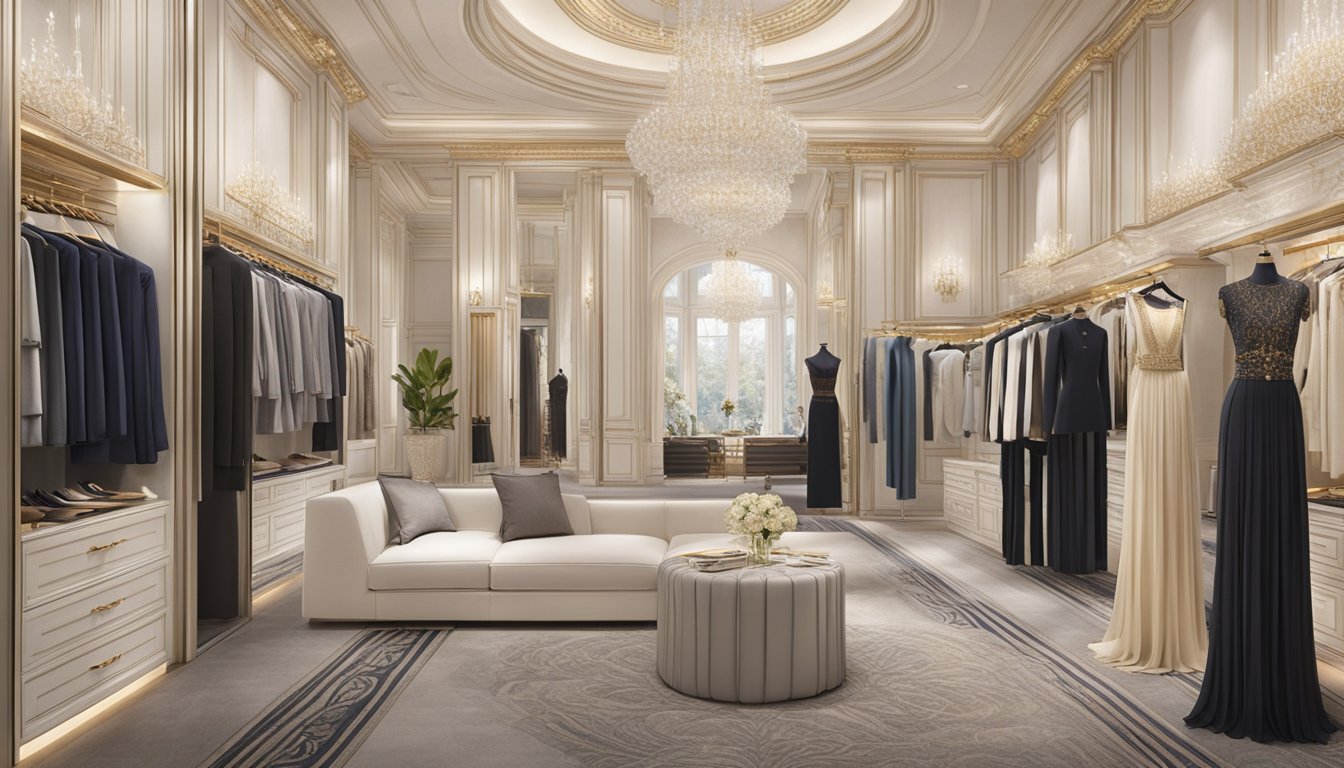A luxurious display of high-end clothing brands, including exquisite fabrics, intricate designs, and opulent details. Displayed in an elegant setting with sophisticated lighting to showcase the expensive and exclusive nature of the garments