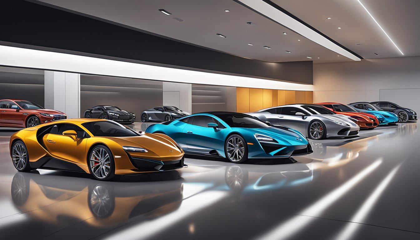 Luxurious cars lined up on a sleek, modern showroom floor, reflecting the soft glow of overhead spotlights. Each vehicle exudes opulence and precision engineering, showcasing the pinnacle of automotive excellence