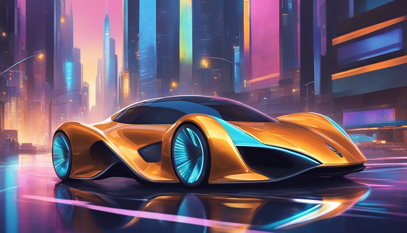 A sleek, futuristic car glides down a city street, reflecting the neon lights of skyscrapers. Its smooth lines and shimmering exterior exude opulence and cutting-edge technology
