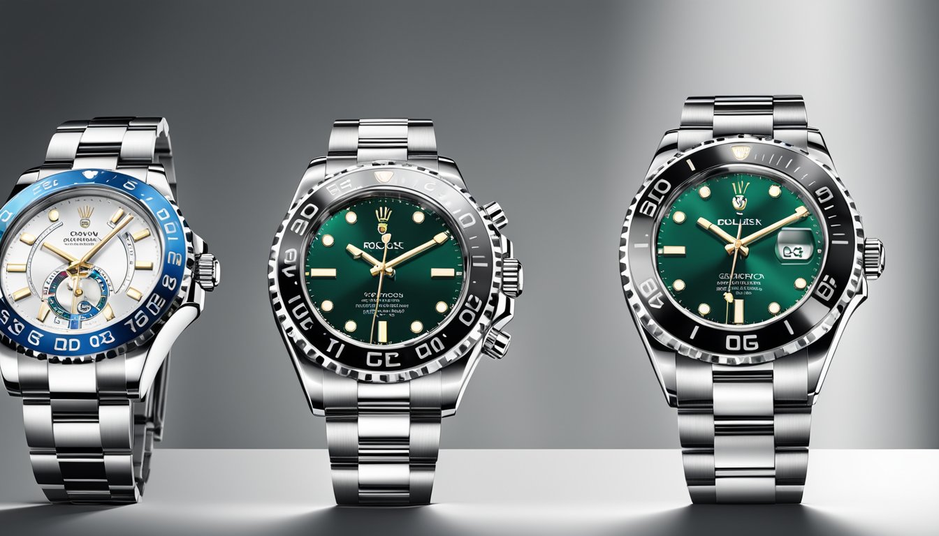 Luxury watch logos displayed on a sleek, backlit showcase. Glowing branding of Rolex, Omega, and Tag Heuer