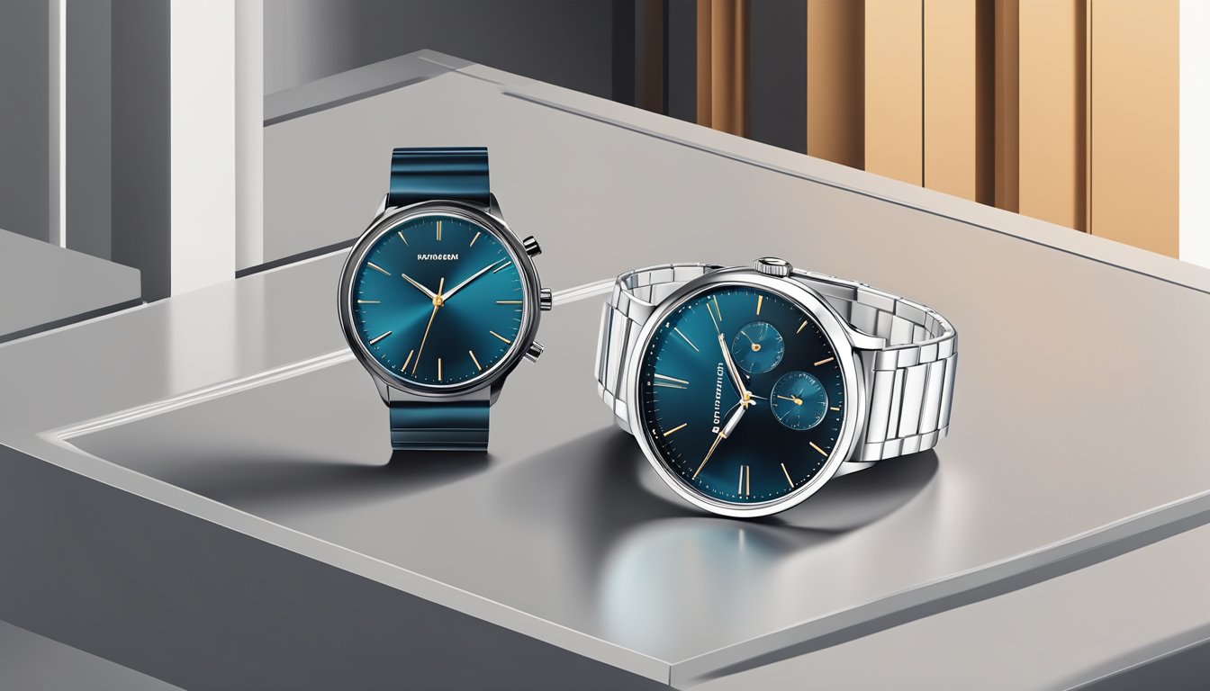 A sleek, modern watch displayed in a minimalist setting with clean lines and innovative details