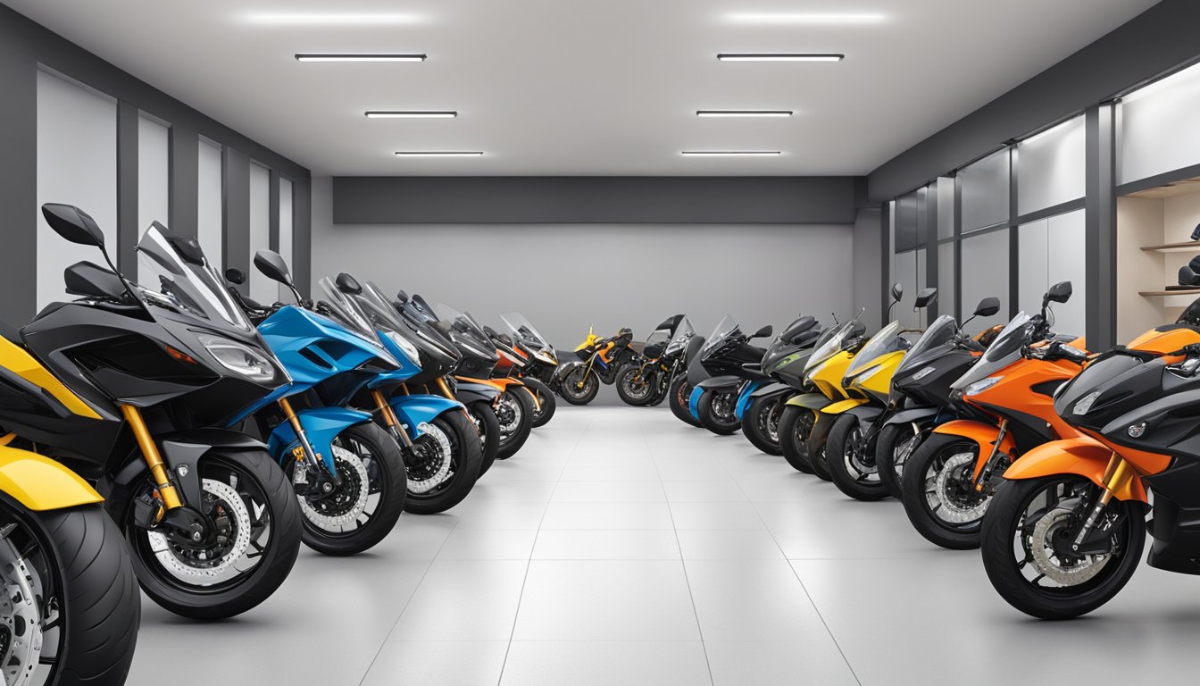 A lineup of motorcycle brands, including A and Z, displayed in a showroom