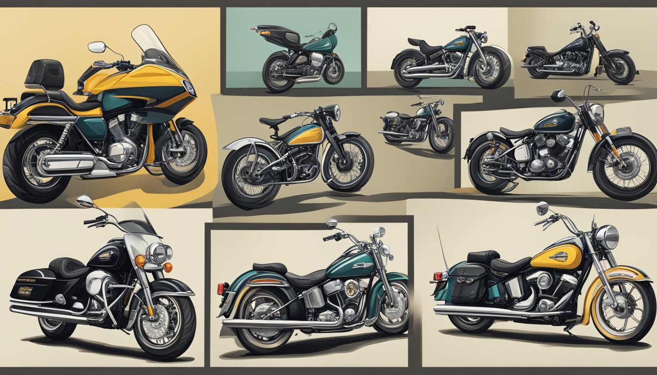 A lineup of iconic motorcycle brands, each with their logo and a brief history displayed beside them