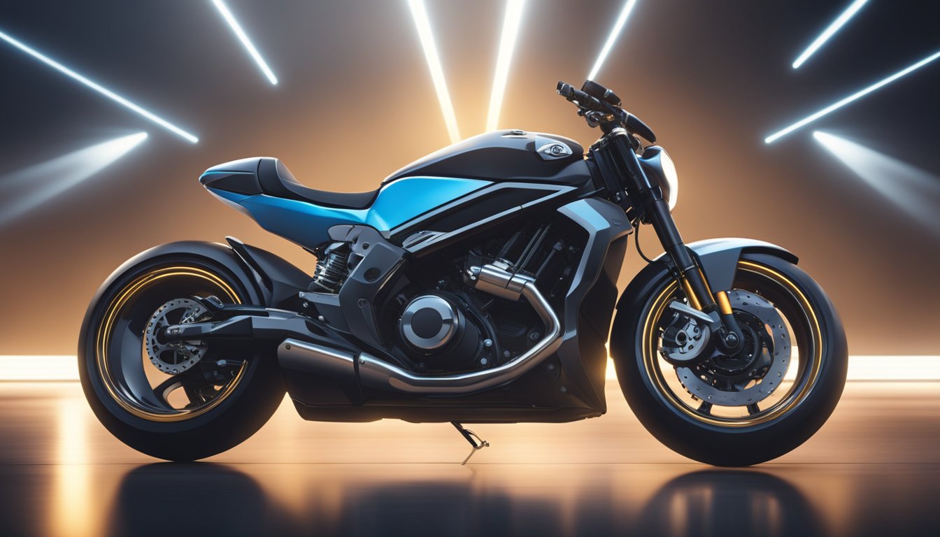 A sleek motorcycle brand logo shines under bright lights at a high-end showroom. The powerful engine revs, showcasing its performance
