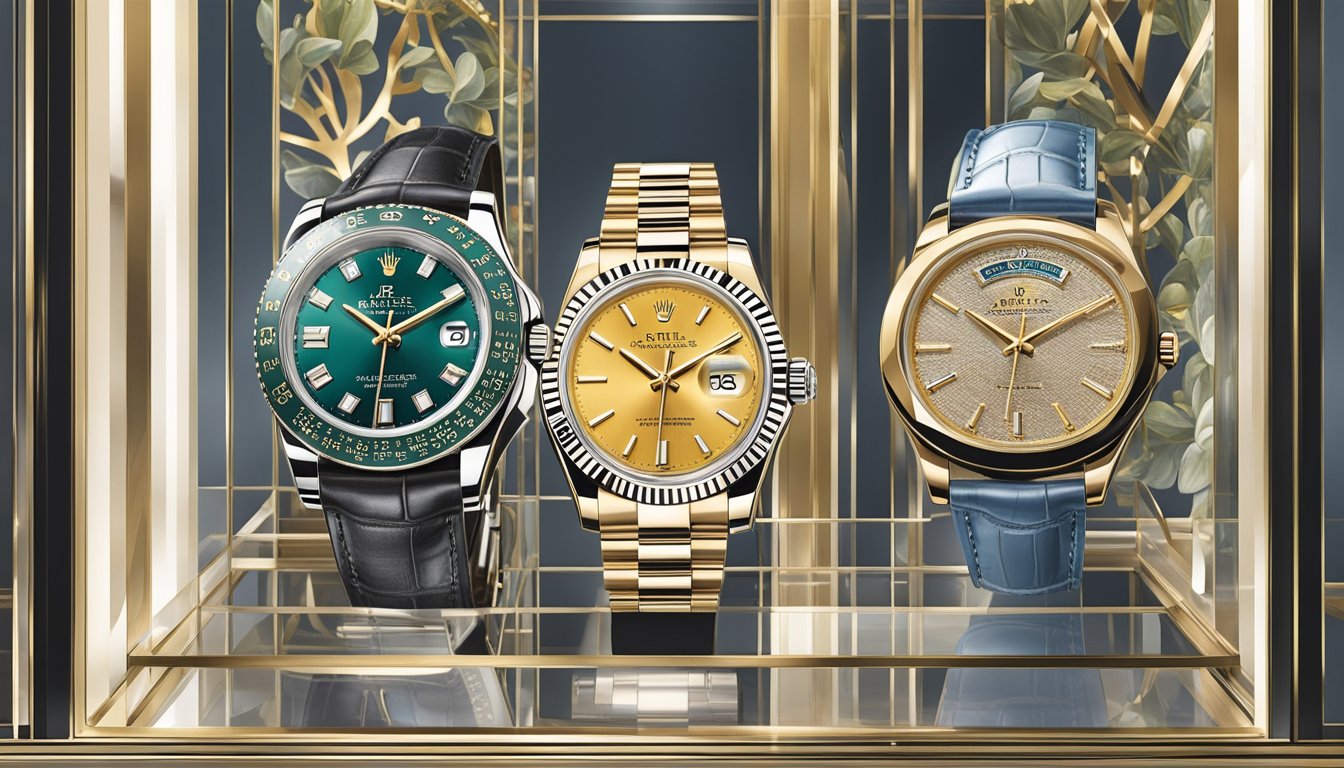 Luxury watches displayed in a glass case, showcasing iconic brands like Rolex, Patek Philippe, and Audemars Piguet. The intricate details and craftsmanship of each timepiece exude elegance and exclusivity
