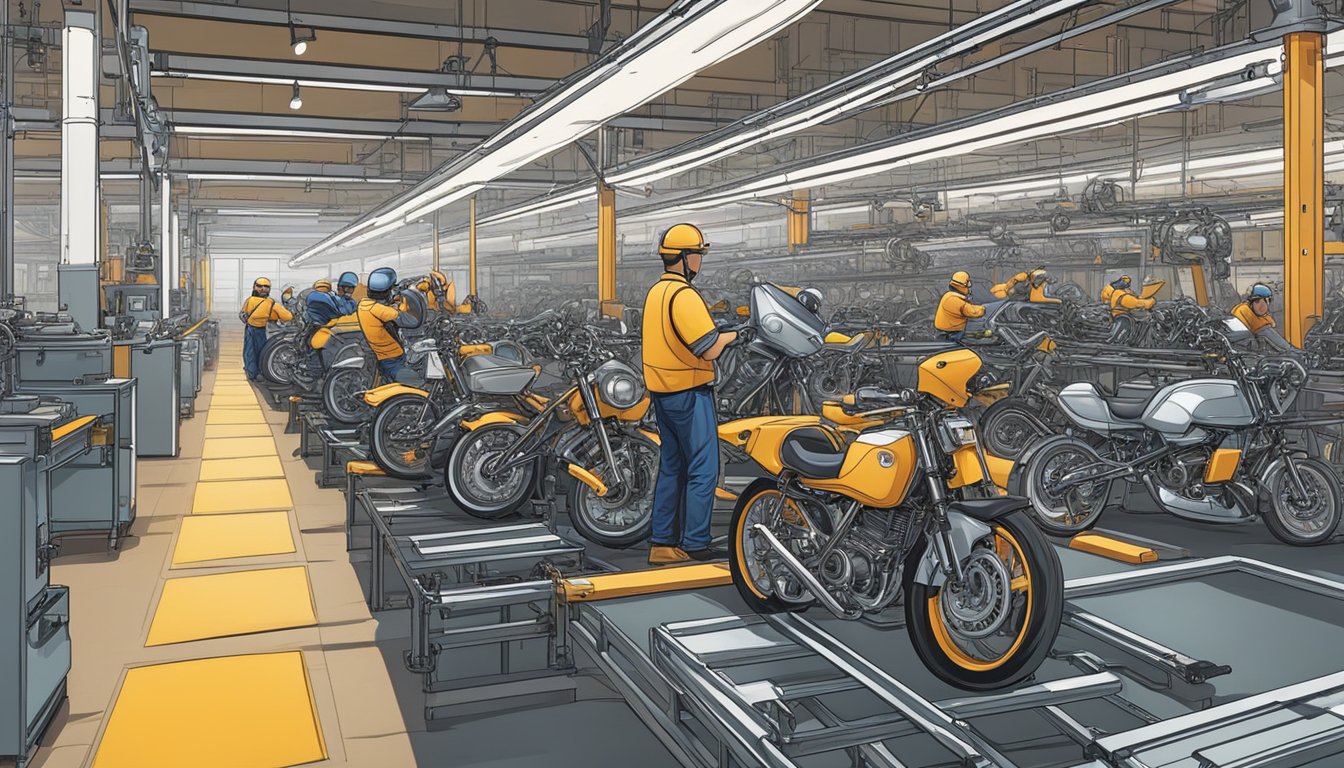 Workers assemble motorcycles on factory lines, while robotic arms weld frames. Parts are stamped, painted, and tested for quality control. Raw materials are delivered and stored in warehouses