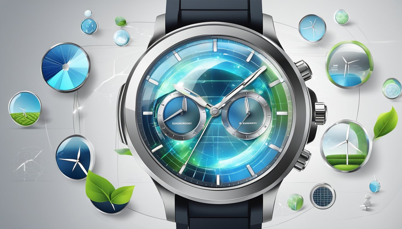 A sleek, modern watch surrounded by renewable energy sources and eco-friendly materials, symbolizing the fusion of technological advancements and sustainability