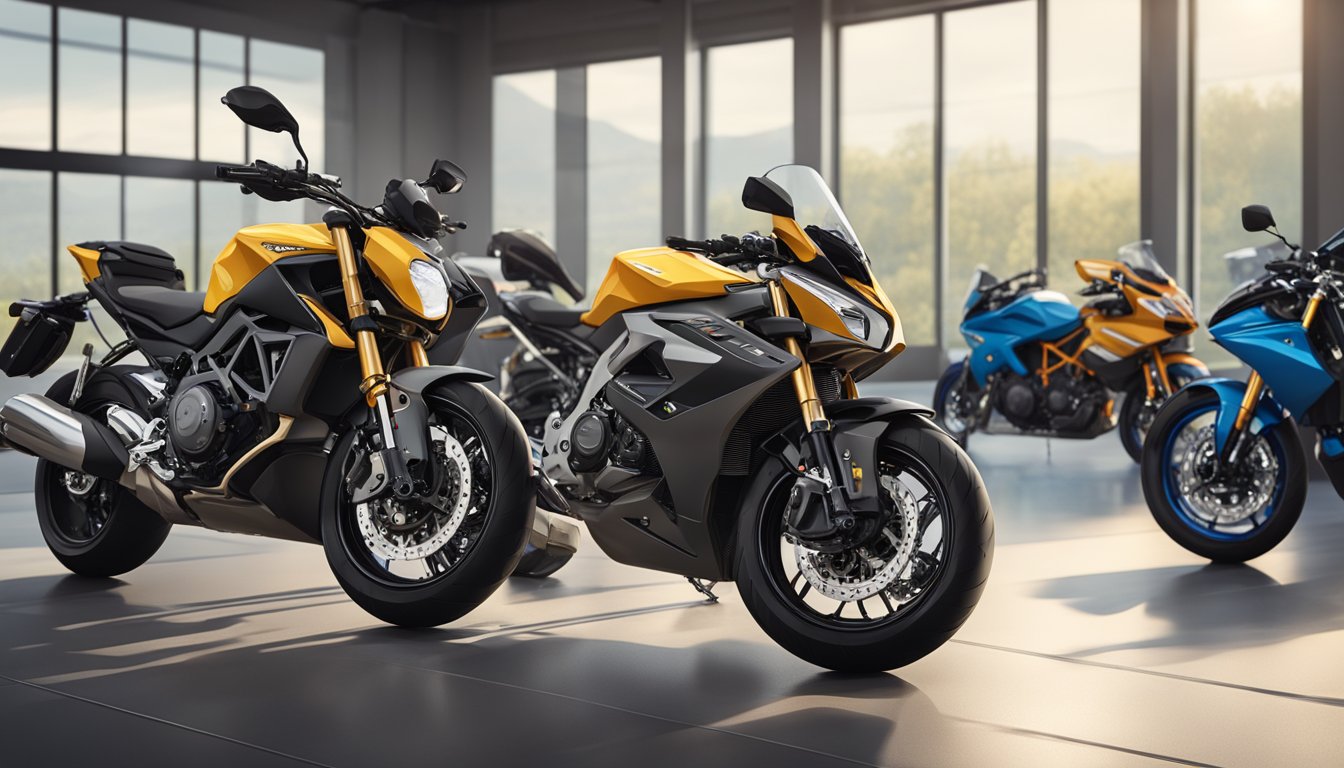 A row of various motorcycle brands lined up in a showroom, each displaying unique styles and features for every type of rider
