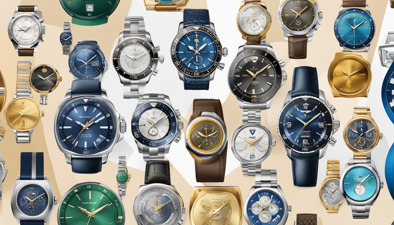 A display of various iconic watch brands, showcasing their unique designs and logos