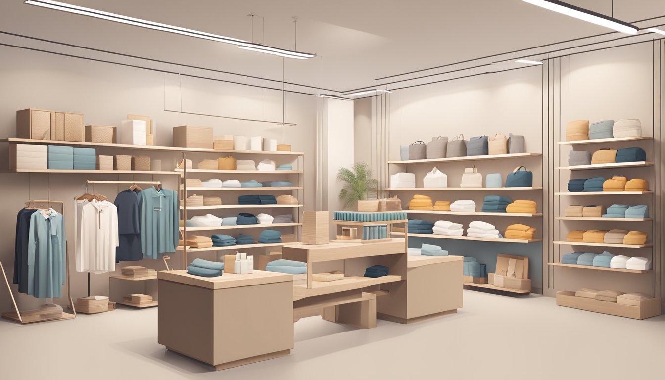 A minimalist store with clean lines and neutral colors, showcasing simple and functional products