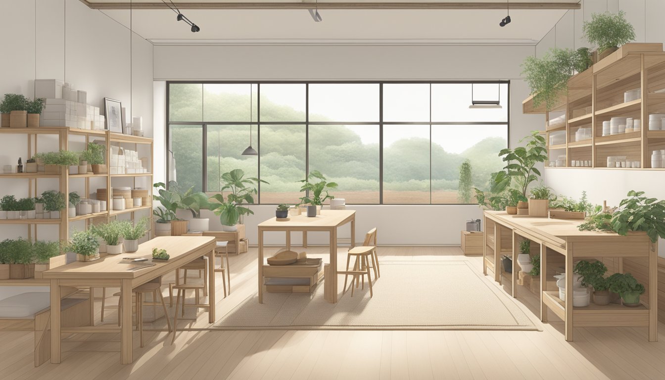 The scene depicts a serene, minimalist space with natural materials and simple, functional products, reflecting Muji's commitment to simplicity, quality, and sustainability