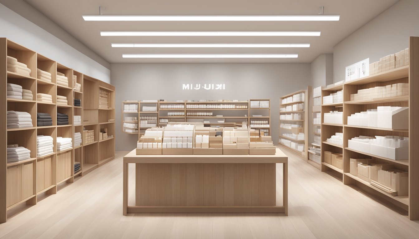 A clean and minimalist store interior with simple, functional products displayed. Clear signage and neutral colors reflect Muji's brand strategy