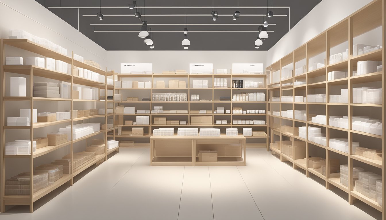 Muji products displayed in a clean, minimalist retail space with natural lighting and neutral colors. Clear signage and organized shelves convey a sense of simplicity and functionality