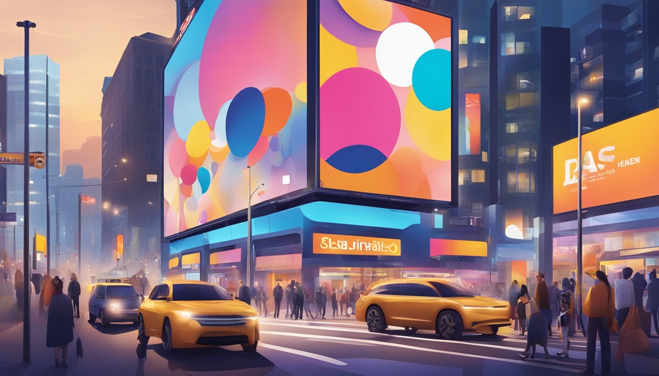 A colorful billboard stands tall in a bustling city center, showcasing the national brand's latest marketing and promotion campaign. Bright lights and captivating visuals draw in passersby