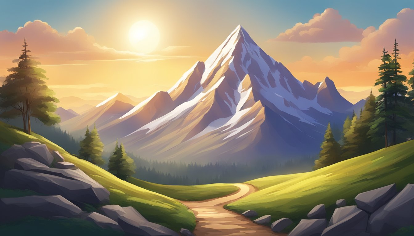A mountain peak looms in the distance, symbolizing the challenges, while a path leads towards a shining sun, representing opportunities for a national brand