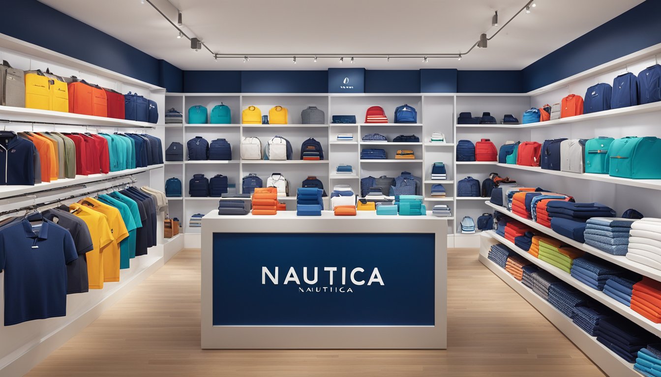 A vibrant display of Nautica brand products fills the shelves of a well-lit retail space, with the iconic logo prominently featured. Various clothing items and accessories are neatly organized, showcasing the brand's strong presence and wide distribution