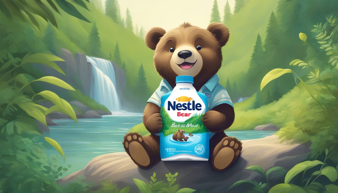 A bear cub sits next to a bottle of Nestle Bear Brand milk, surrounded by lush greenery and a flowing stream