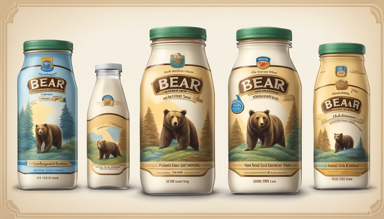 A timeline of Bear Brand milk packaging from the past to present, with the iconic bear mascot evolving through the years