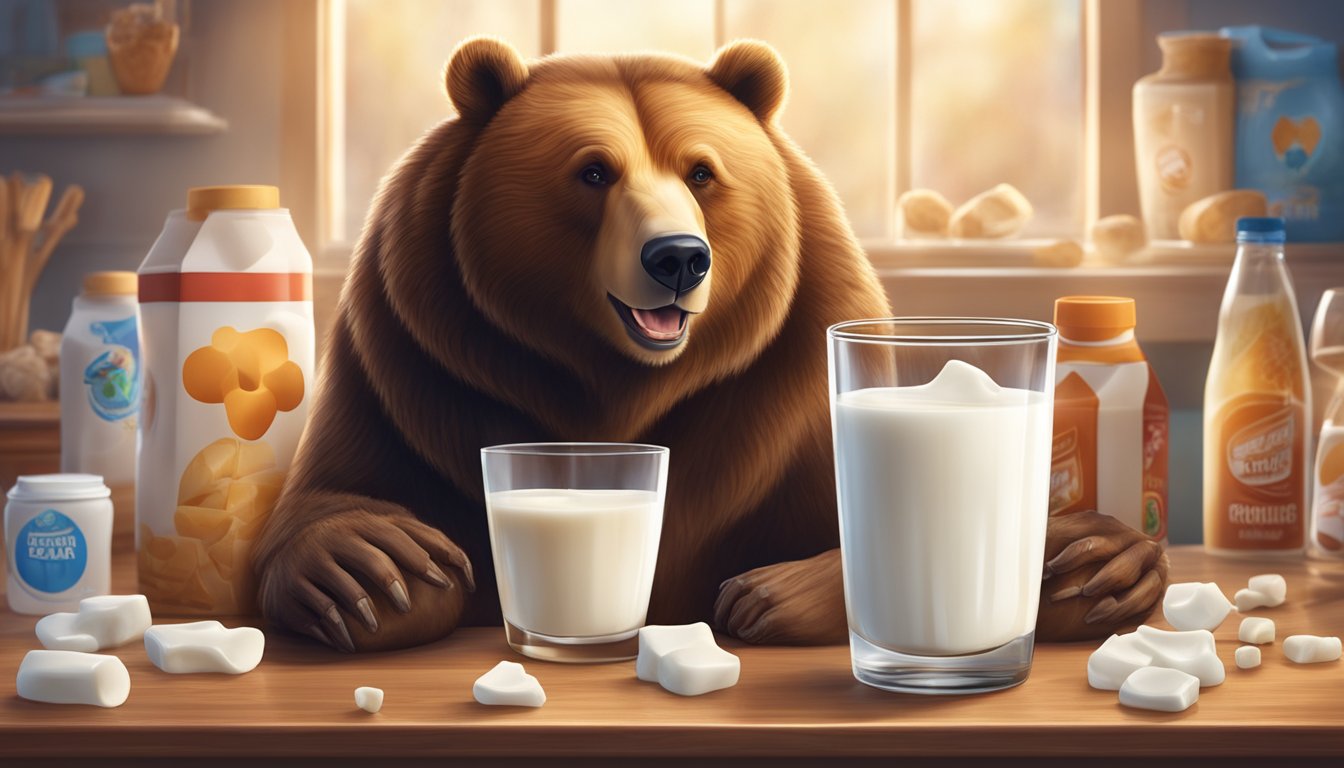 A glass of Bear Brand milk sits on a table, surrounded by images of strong bones, healthy teeth, and a glowing body