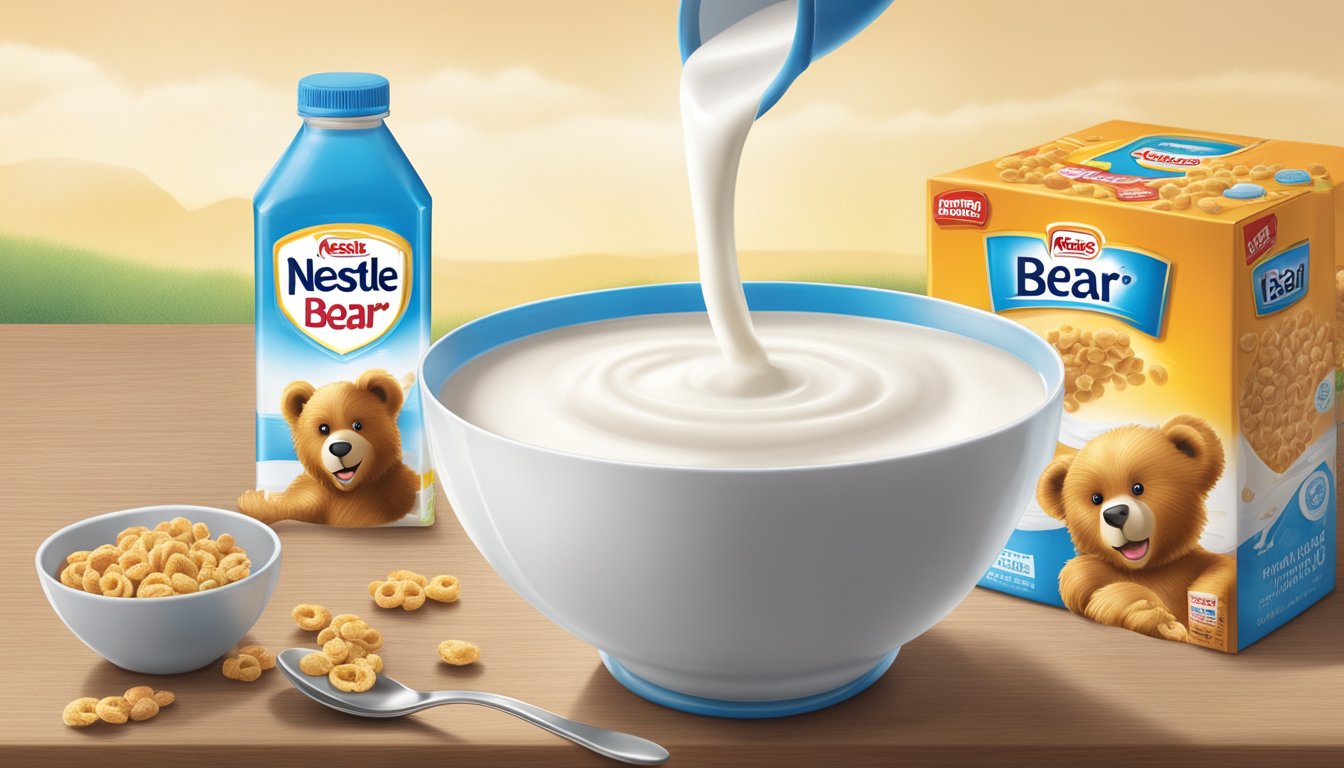 A glass of Nestle Bear Brand milk being poured into a bowl, alongside a spoon and a box of cereal