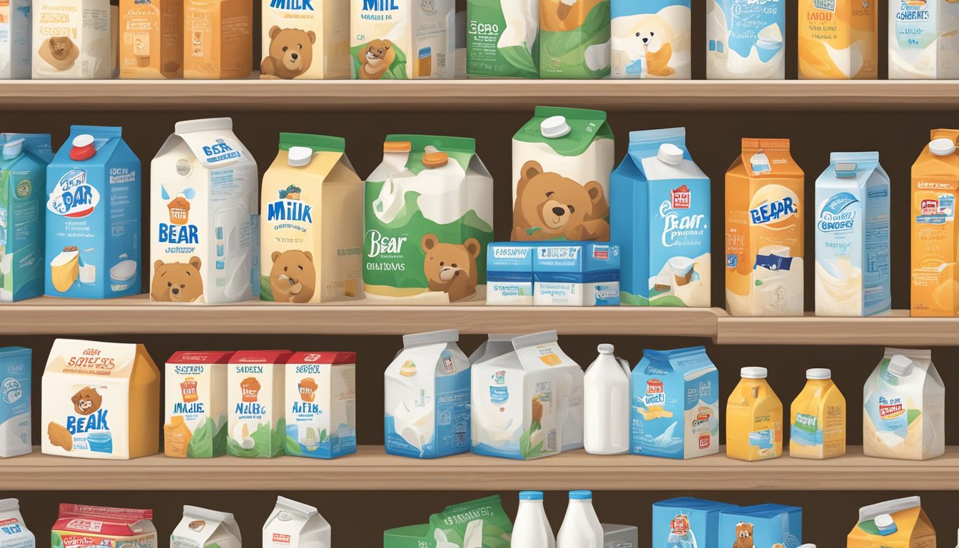 A shelf stocked with neatly packaged Bear Brand milk cartons, surrounded by a variety of storage containers. The products are readily available for purchase