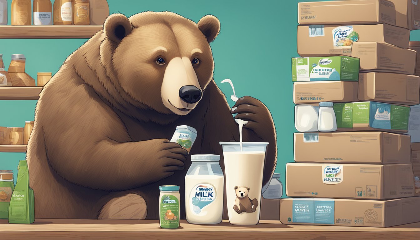 A bear stands next to a stack of "Frequently Asked Questions" about Nestle Bear Brand milk. The bear looks curious and engaged, with a playful expression on its face