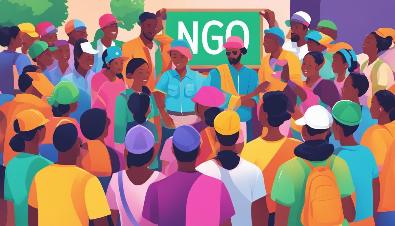 A group of people in colorful attire gather around a vibrant sign with the logo of an NGO, engaging in community activities