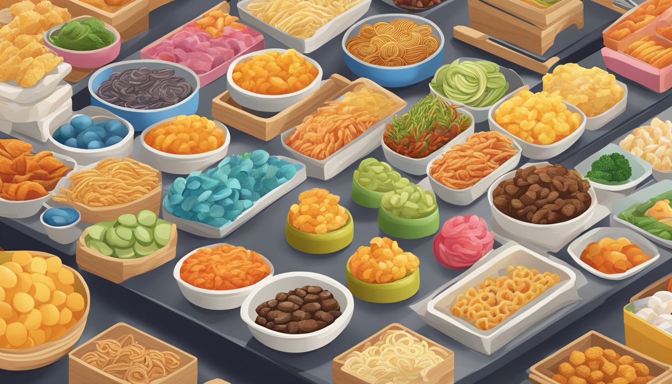 A table filled with colorful and unique Korean snacks, arranged neatly for exploration. Bright packaging and intriguing shapes draw the eye