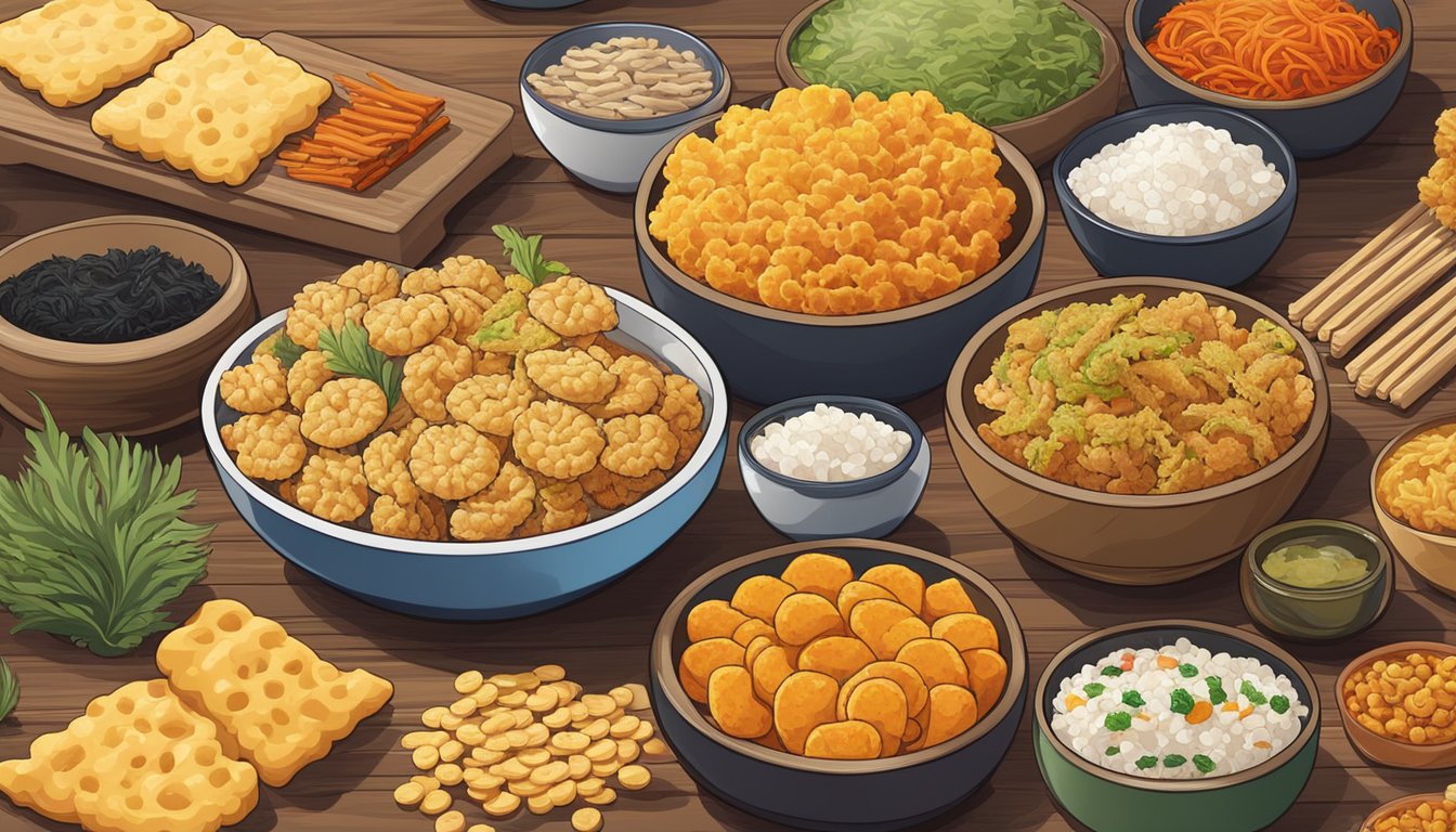 A colorful array of Korean snacks arranged on a wooden table, including crispy seaweed, chewy rice cakes, and spicy rice crackers