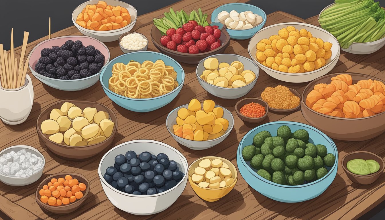 A variety of colorful, unbranded Korean snacks displayed on a wooden table next to fresh fruits and vegetables