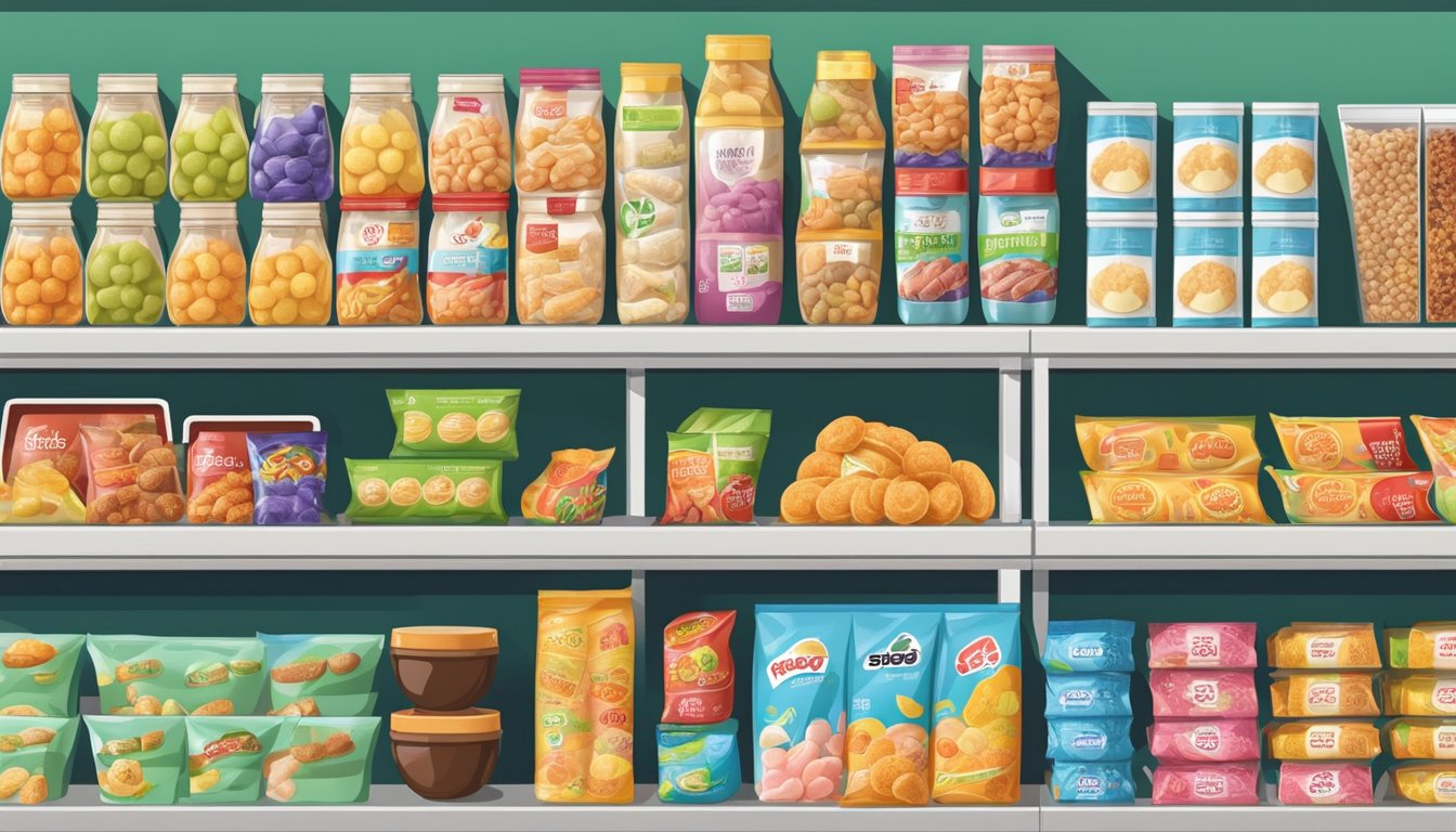 A colorful display of Korean snacks with "No Brand" labels, arranged neatly on shelves in a modern convenience store