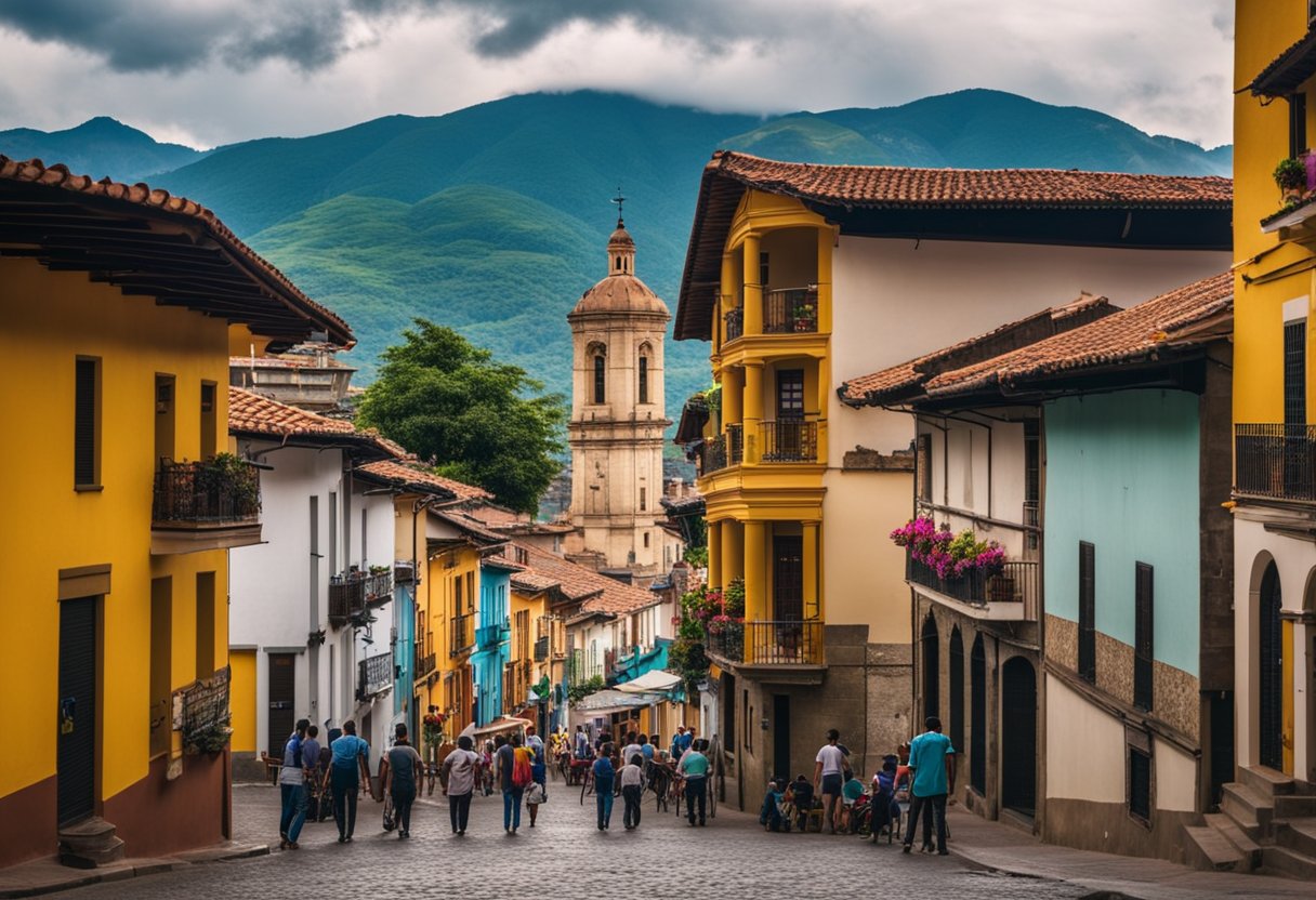 The vibrant streets of Pamplona, Colombia bustle with activity as colorful buildings line the cobblestone roads. The Andean mountains loom in the distance, creating a picturesque backdrop for the bustling town