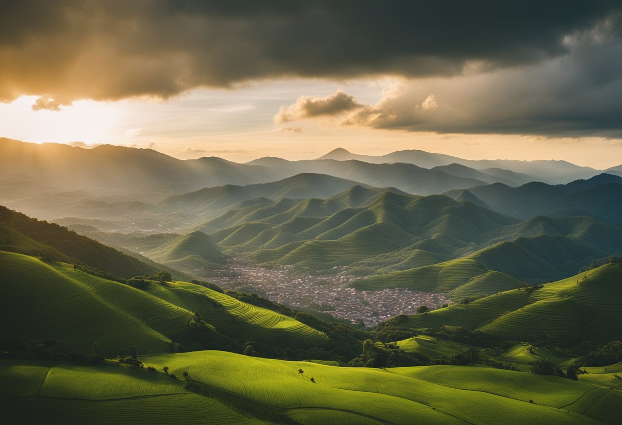 Lush green mountains surround Pamplona, Colombia. The sun sets behind the Andes, casting a warm glow over the town. The air is cool and fresh, with a gentle breeze rustling through the trees