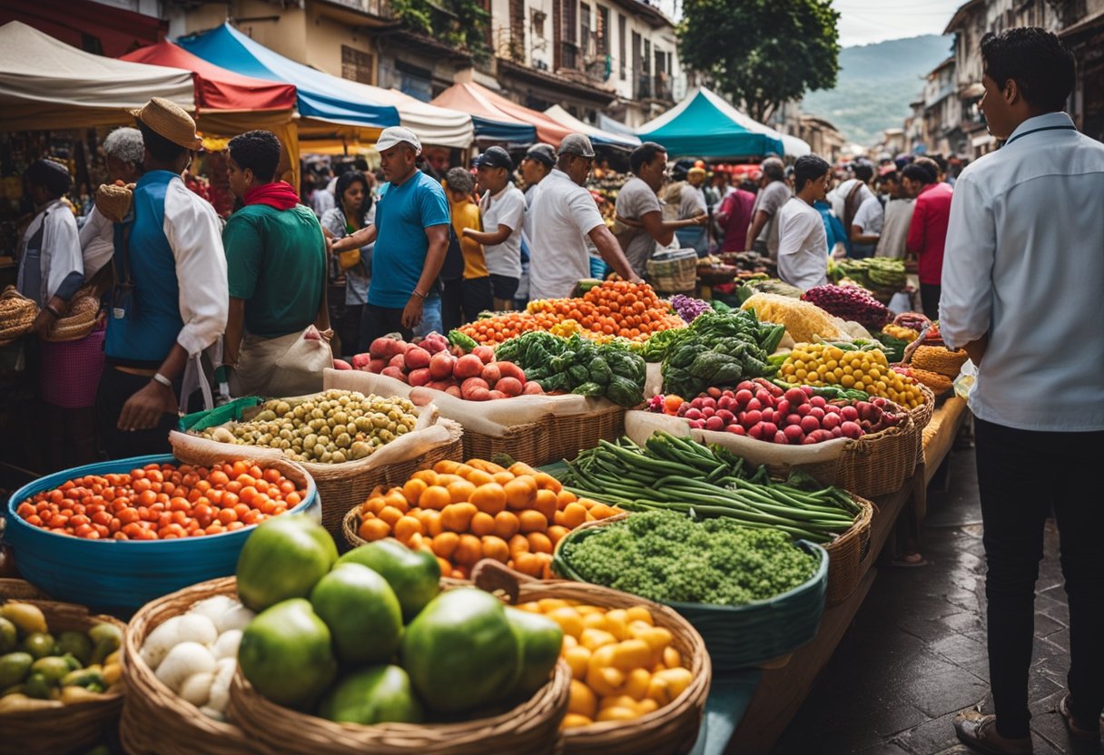 A vibrant street market in Pamplona, Colombia, filled with colorful textiles, fresh produce, and bustling crowds. The scent of local cuisine fills the air as vendors call out to passersby