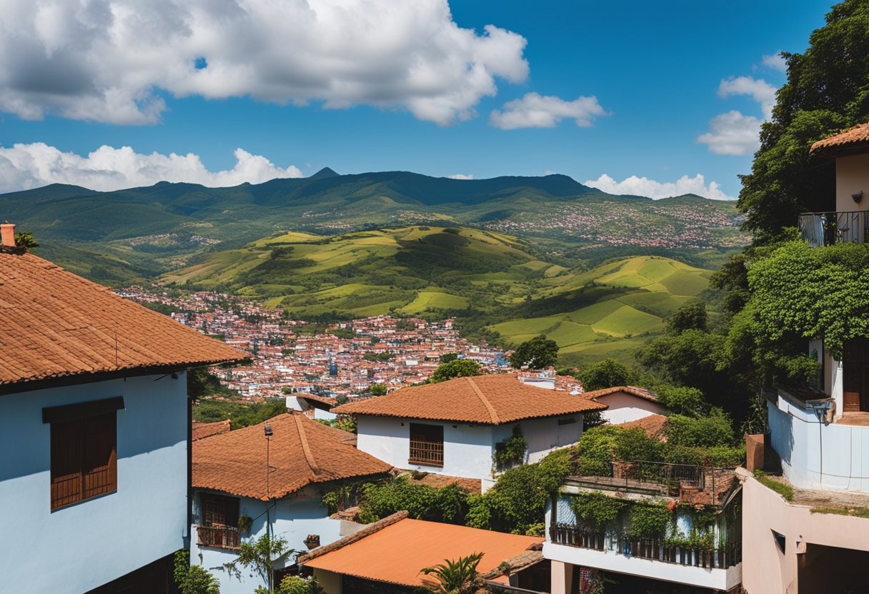 A panoramic view of Pamplona Norte de Santander, Colombia, with colorful buildings, lush greenery, and a clear blue sky