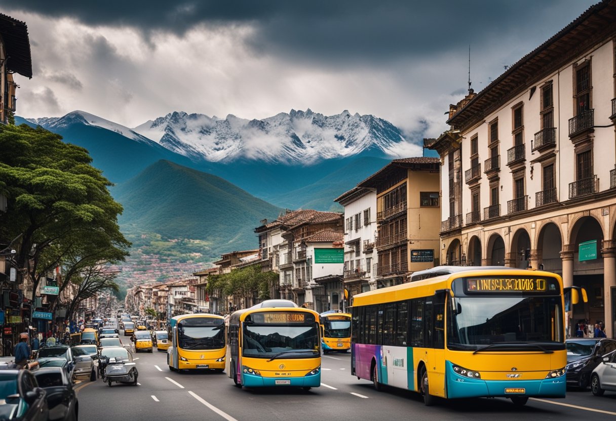 A bustling street in Pamplona, Colombia, with colorful buses and taxis weaving through the traffic. The vibrant cityscape is framed by the majestic Andes mountains in the background